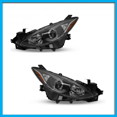 Juego de 2 Faros Principales para Mazda 3 Auto Magic con Fondo Negro, Lupa y Foco de Halógeno