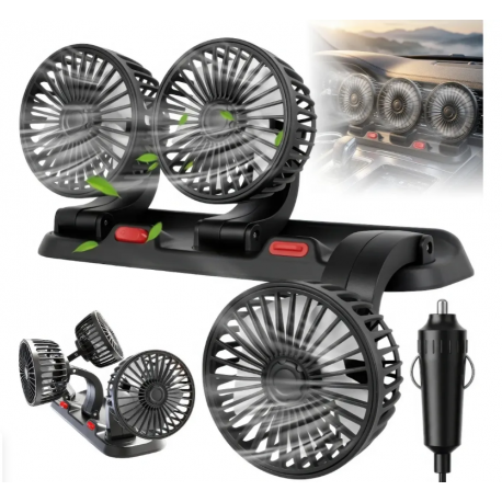 Ventilador Negro de 3 Cabezas Ajustables con Conector a Encendedor